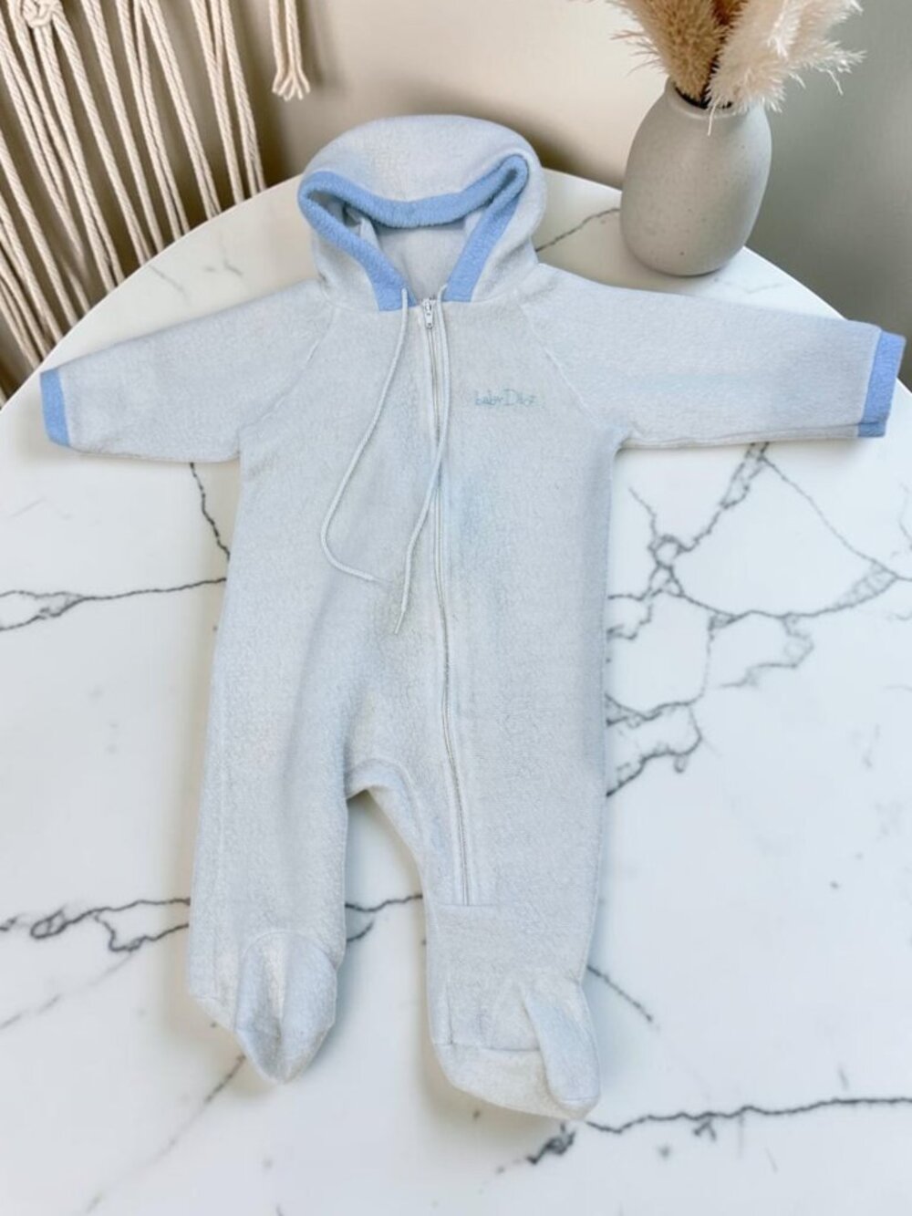 Vintage Baby Dior Embroidered Hooded Footie Fleece O/S Up To 20 lbs Made in USA